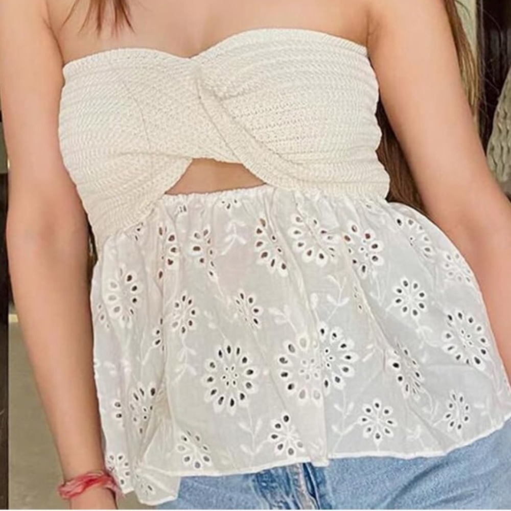 MICAS Women’s Twist Knot KnitTube Top Strapless Off Shoulder Beige Size Small